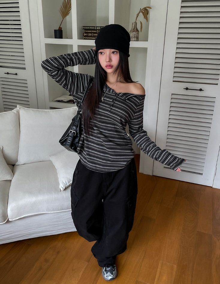 Dien Button Stripe Boat Neck Long Sleeve