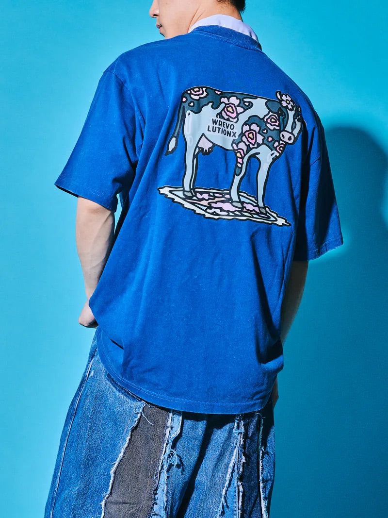 WREVOLUTIONX by WooLeeX（レボリューションエックス バイ ウーリーエックス）の「Sakura Animals Navy Denim Washed T-Shirt (Cow)（Tops）」