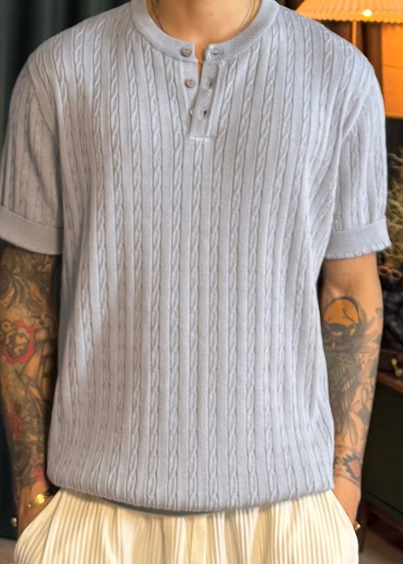 Cable Span Henley Neck Short Sleeve Knit 6COLOR