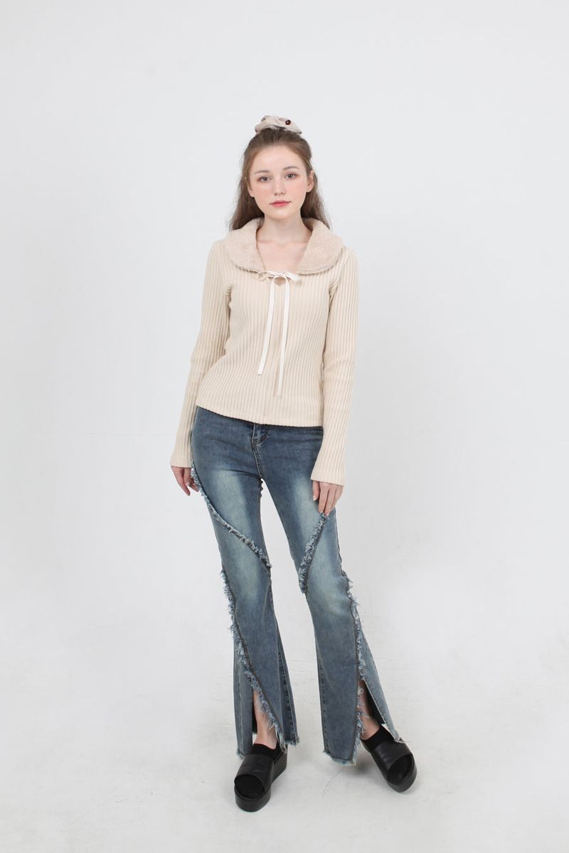 fur collar knit t-shirt beige