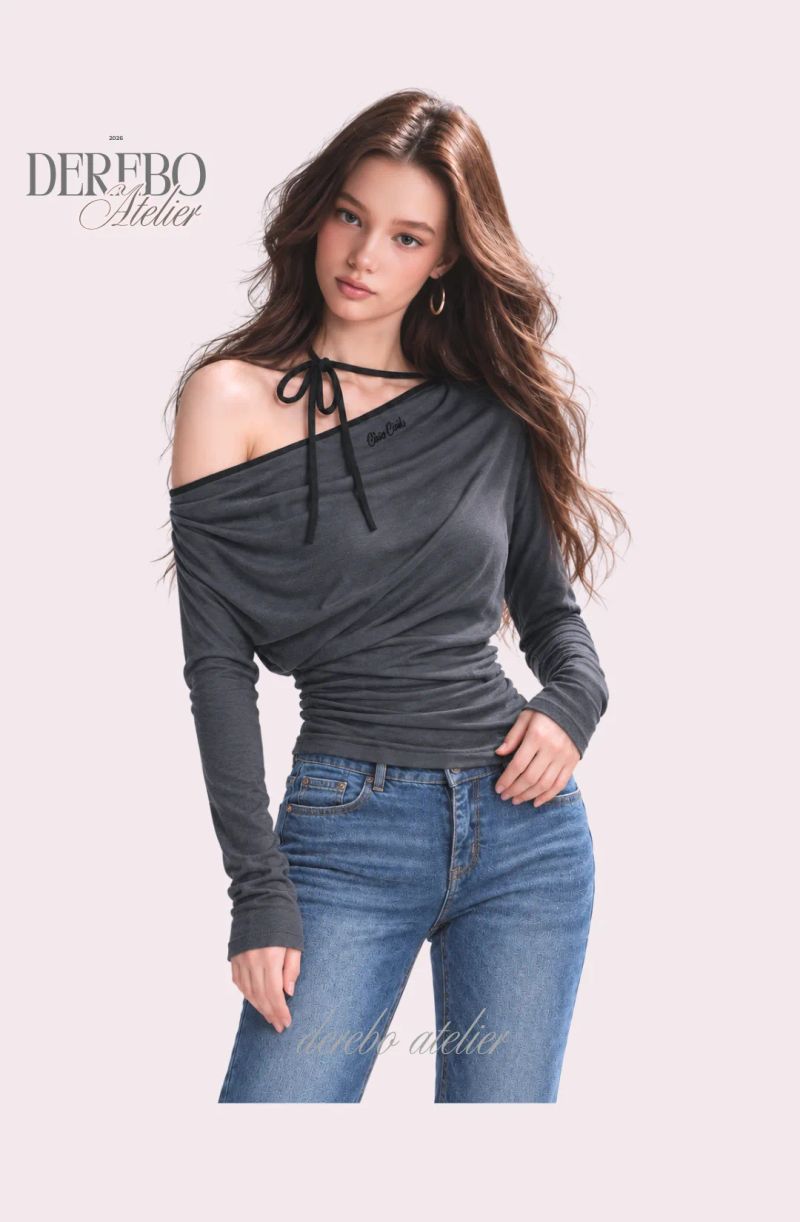 One open-shoulder halter strap long-sleeve tee 