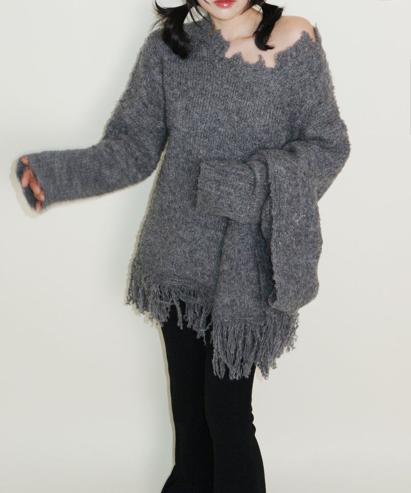 Puddle Demoor Tester Damage Long-Sleeved Knitwear Dress (Muffler Set)