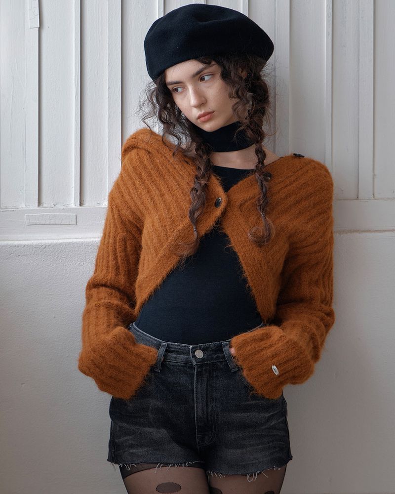 CROPPED HOODIE CARDIGAN - CAMEL BROWN