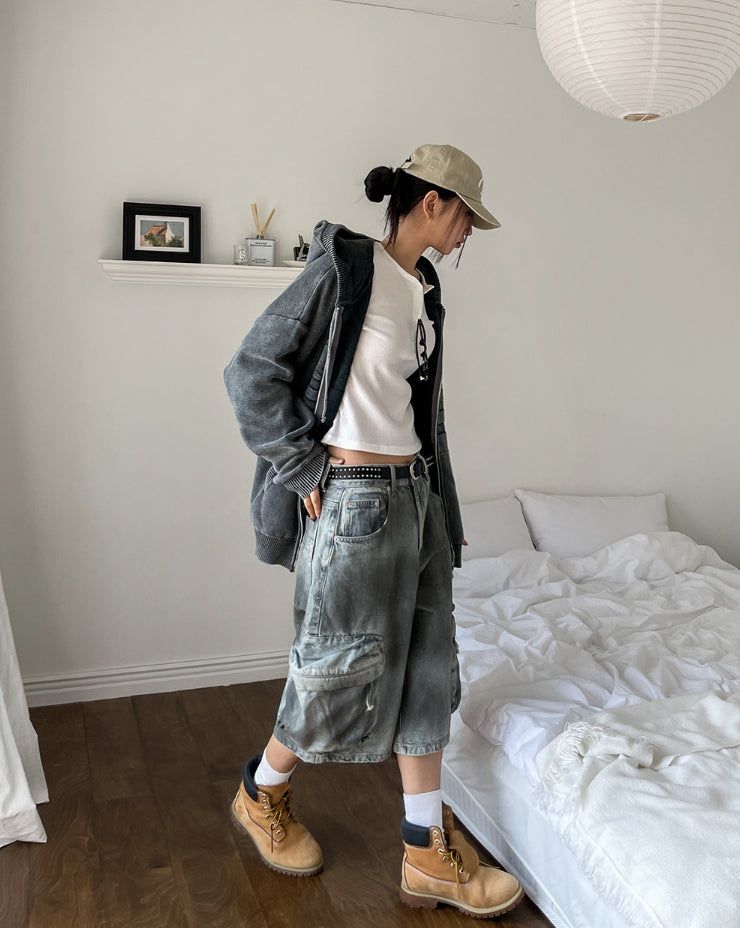 Burn dirty washing utility pocket bermuda pants