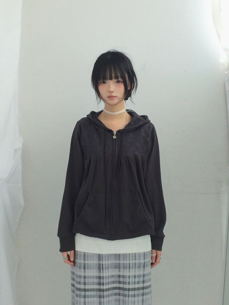 Flower Lace Half-Shirring Hooded Zip-Up