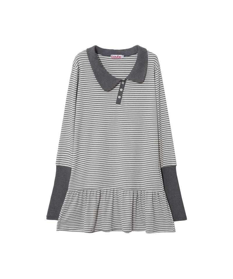 STRIPE ASYMMETRY COLLAR ONE PIECE - GRAY