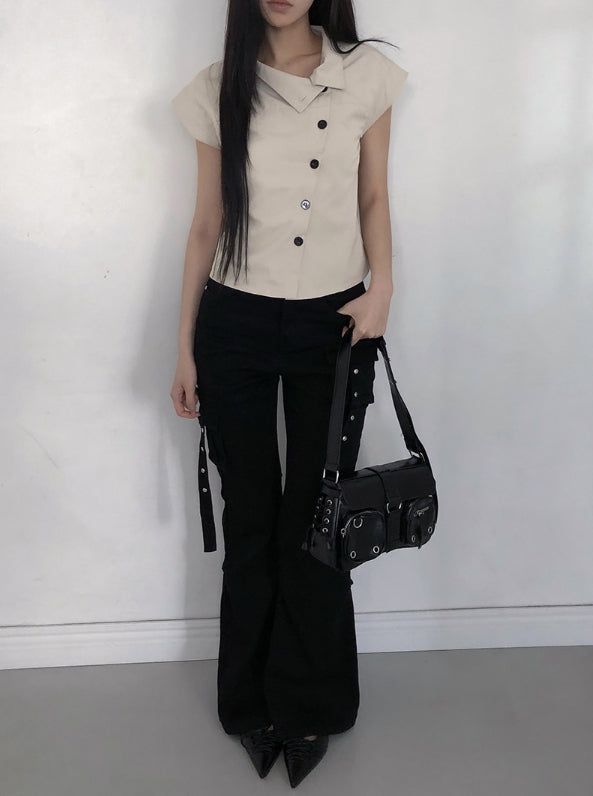 Newji Diagonal Button High-Neck Blouse Shirt