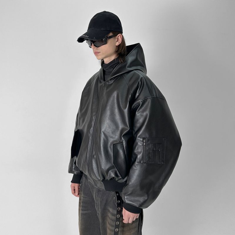 HOODED ARTIFICIAL LEATHER BOMBER JACKET