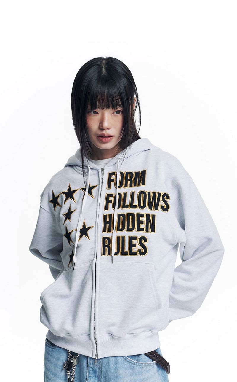 Star Lettering Patch Hoodie Zip-Up - White