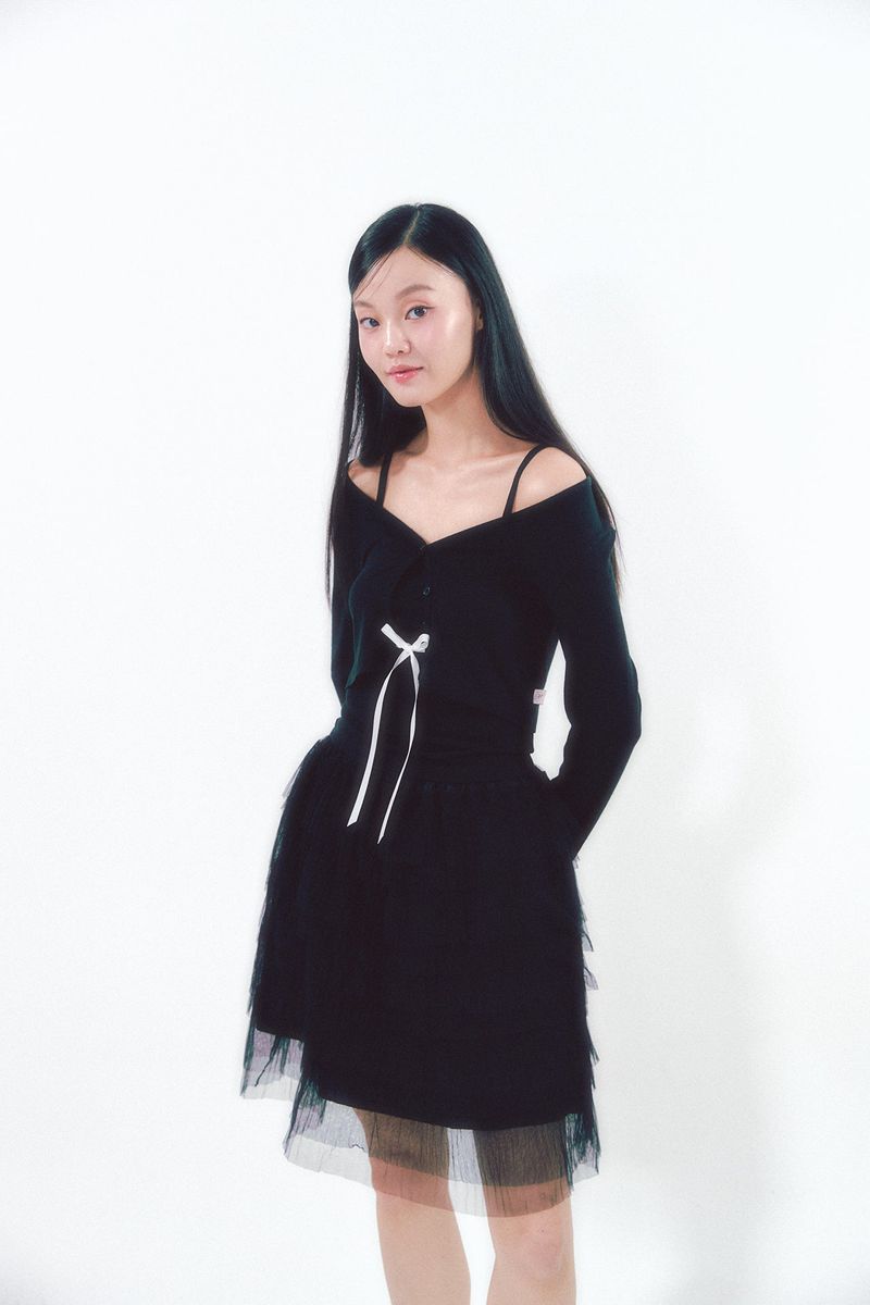 Knit Ribbon Shirring Top Set Black