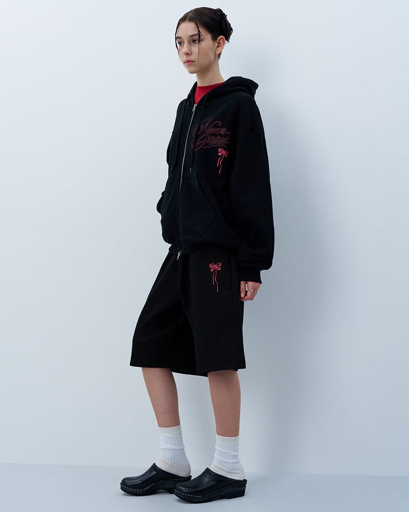 PINK RIBBON LOGO HALF PANTS-BLACK