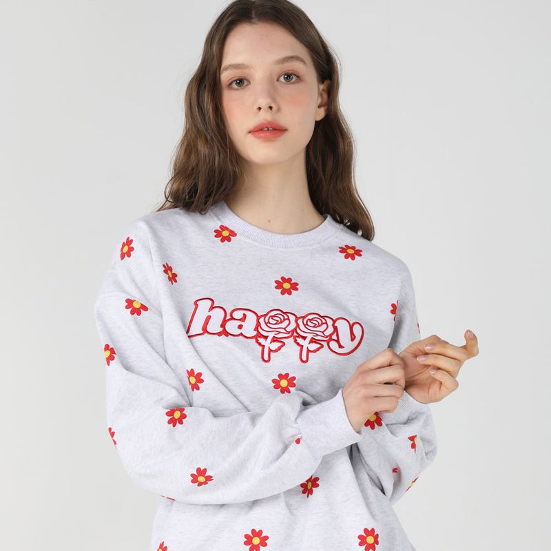 Red flower pattern Sweat-shirt [Light grey]