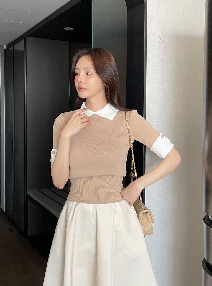 Ez Color Matching Button Short Sleeve Collar Knit