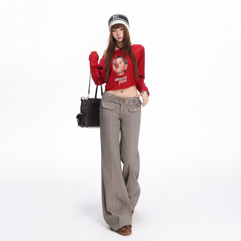 Gray Low-Rise Wide Cargo Pants