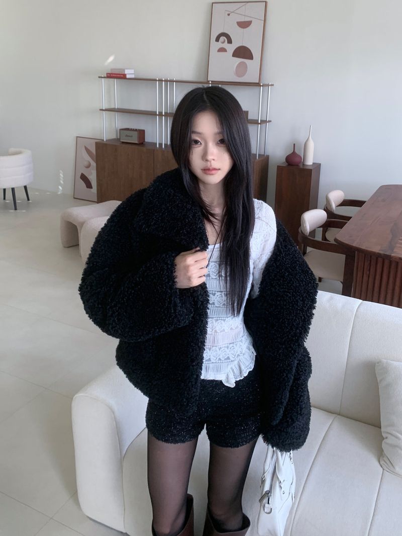 Teddy Hug Fuzzy High Neck Fur Jacket