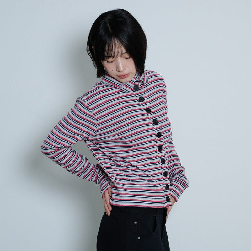 STRIPED HIGH NECK BUTTON CARDIGAN - GRAY