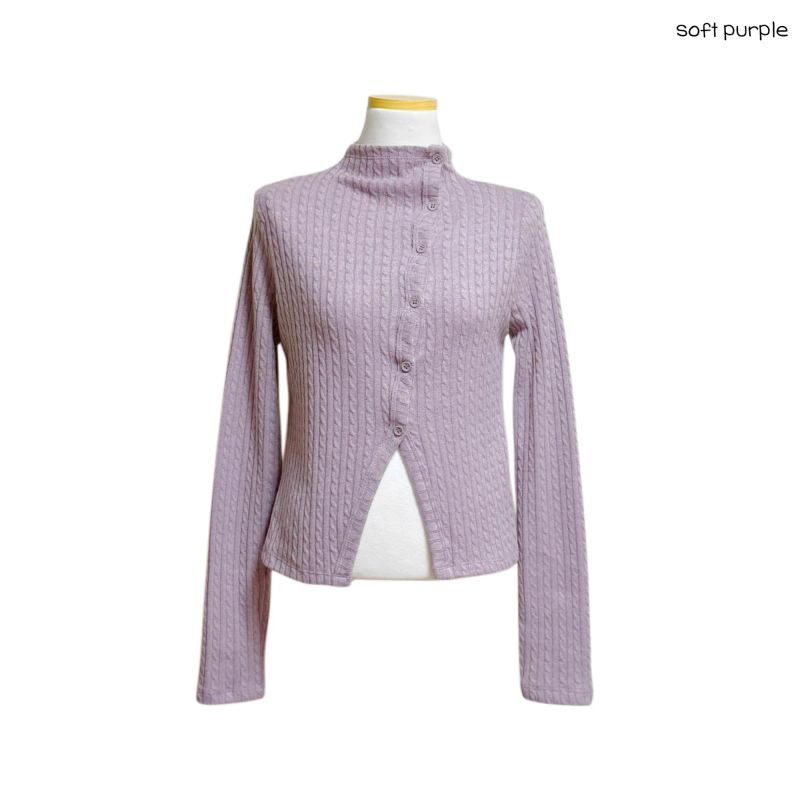 (3color) Slit Cable High-Neck Slim Cardigan