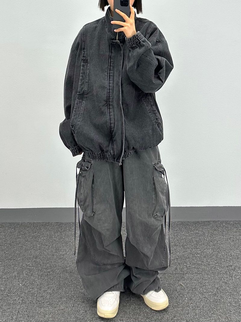 denim curved pocket jumper