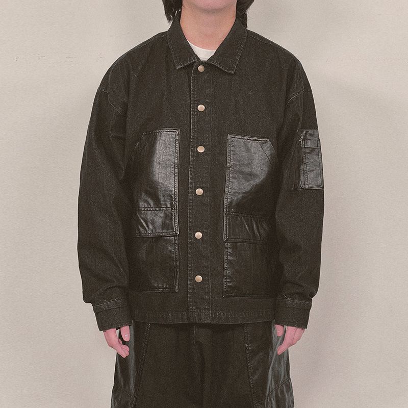 faux leather mix denim shirt_black