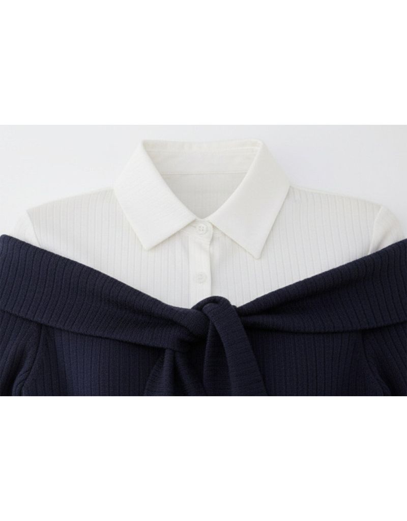 Elise Off-Shoulder Tie Ribbed Knit Navy