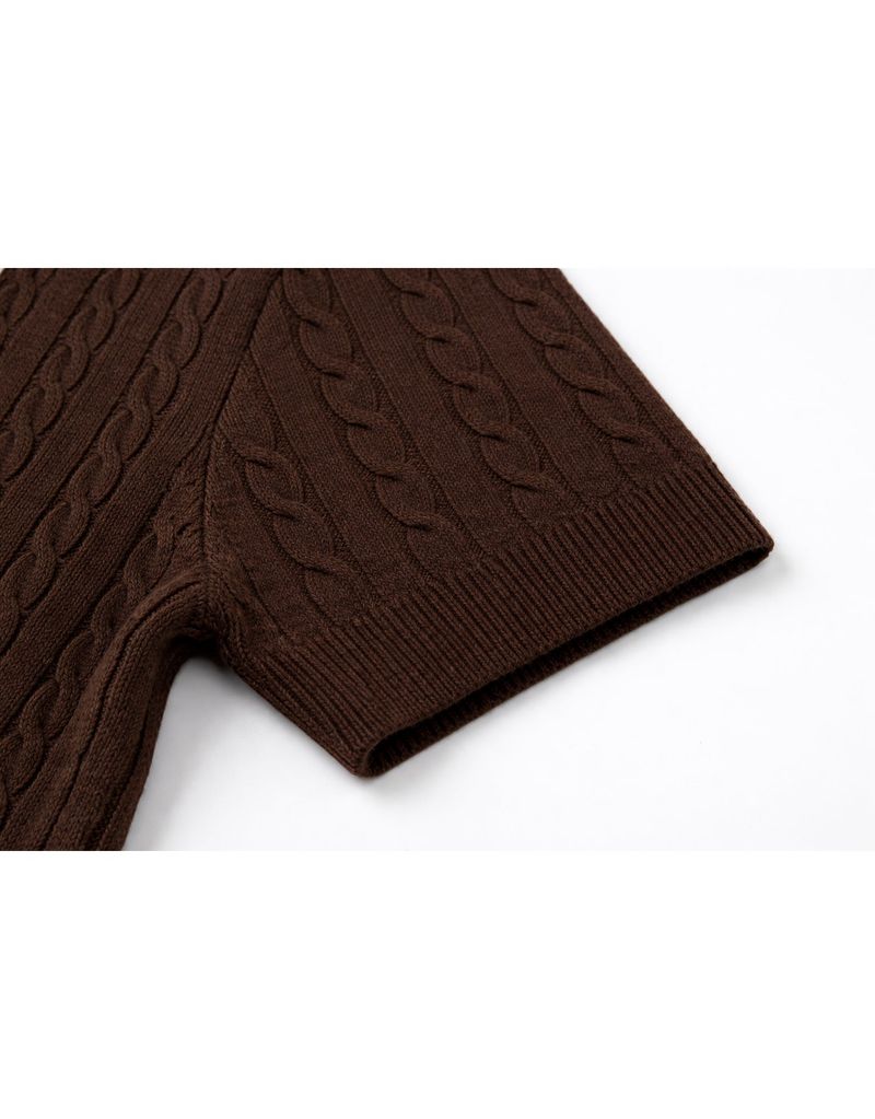 Elodie Pearl Collar Cable Short Sleeve Knit Top Brown