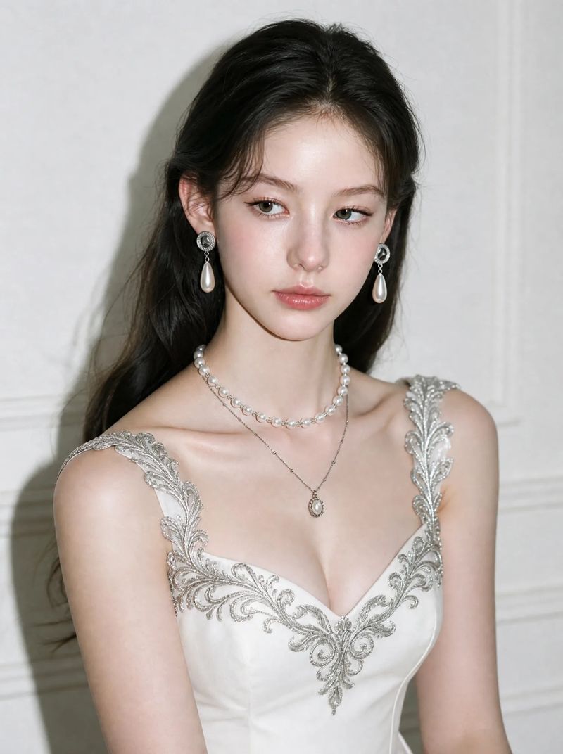 Ethnic Button and Long Pearl Earrings - Silver Color