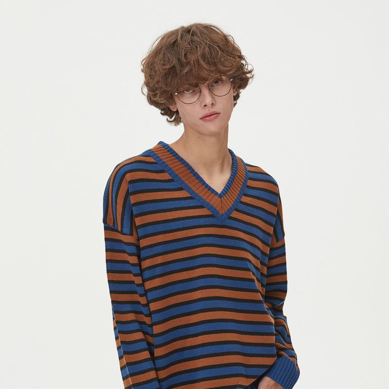 STRIPE V NECK KNIT_BLUE