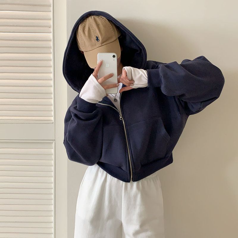 [Bellide made] embroidery napping hood zip-up