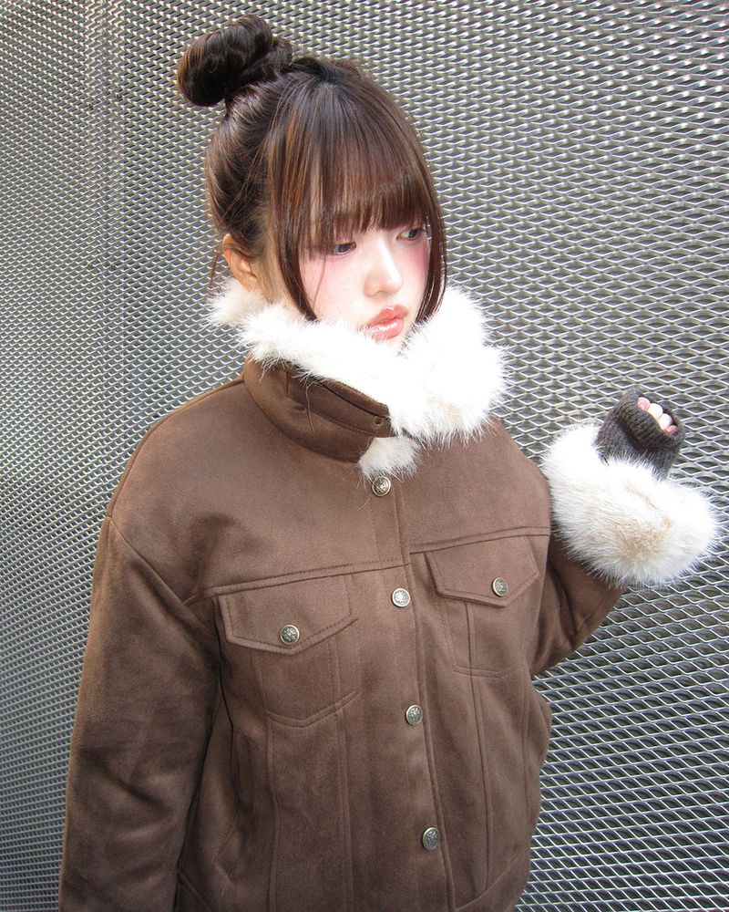 Dyuni Suede Quilted Buckle High-Neck Faux Fur Jacket