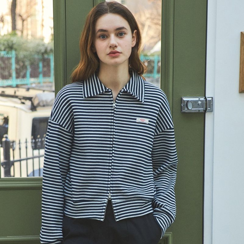 Stripe Tweed Waffle Zip-Up_Navy
