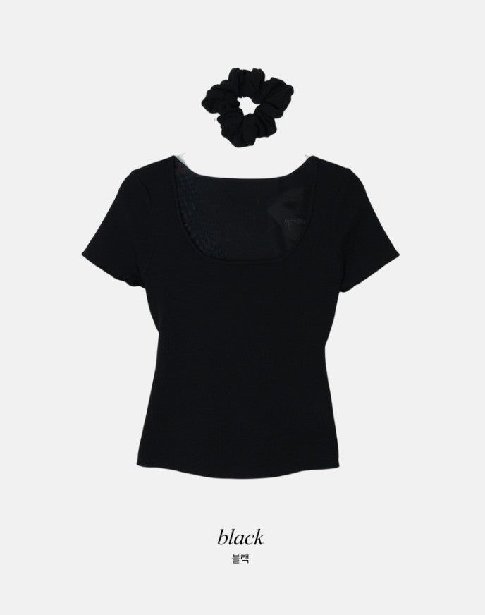 #Back Slit Square Short Sleeve Knit + Scrunchie Set (5color)