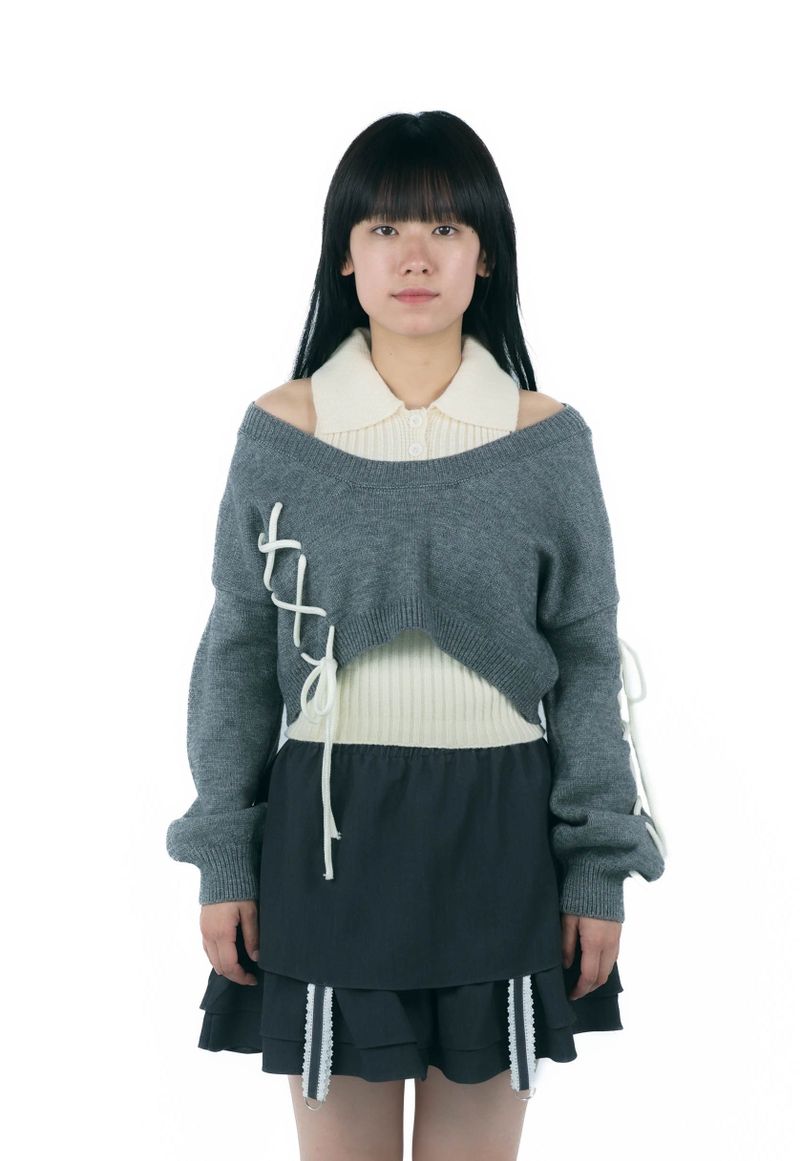 laceup ribbon knitset(gray)