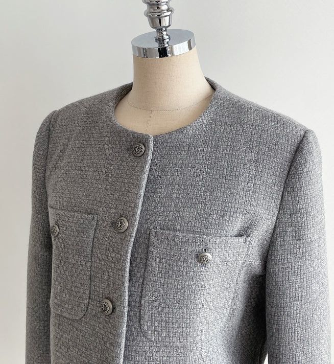 Deli Pocket No Collar Tweed Short Jacket