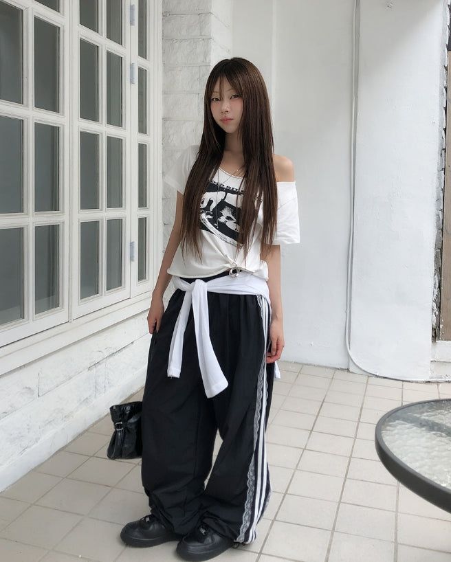 Ruffy Lace Track Nylon Pants