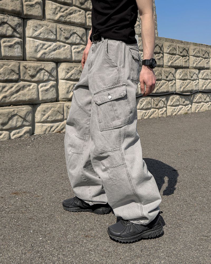 Bion Gray Wash Cargo Denim Pants