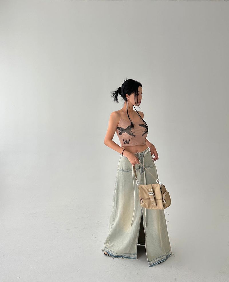 Strap belt Set Denim Long Skirt