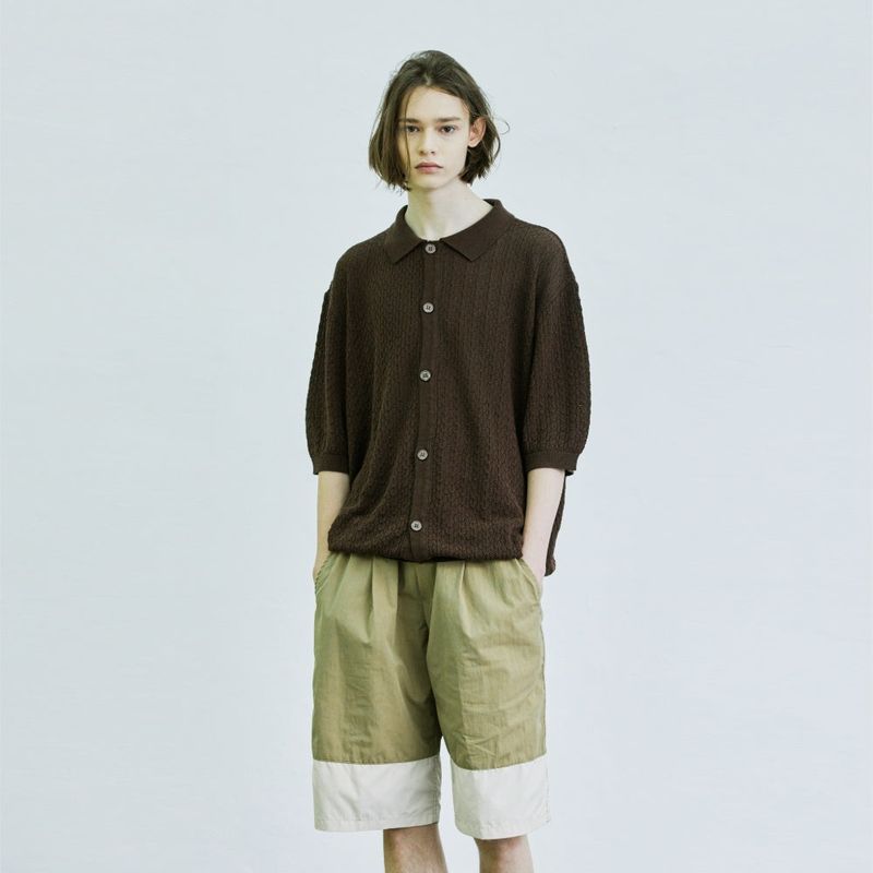 color block banding half nylon pants beige