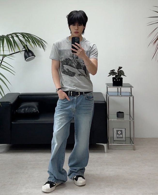 Record semi-flare denim pants