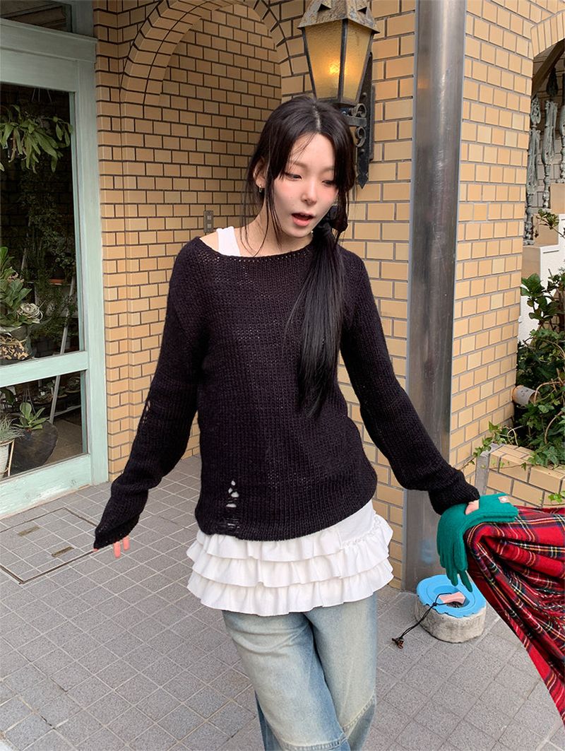 DAMAGE BOAT NECK LOOSE KNIT (3C)