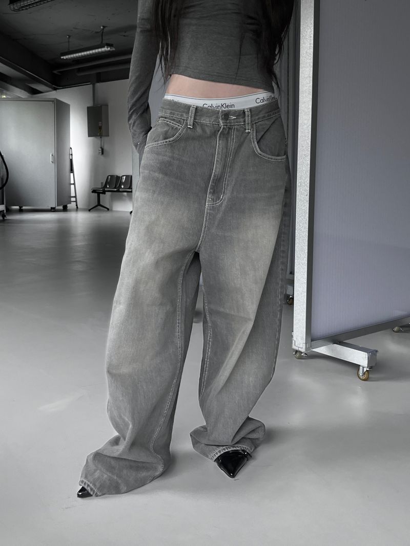 gray shirring washed denim