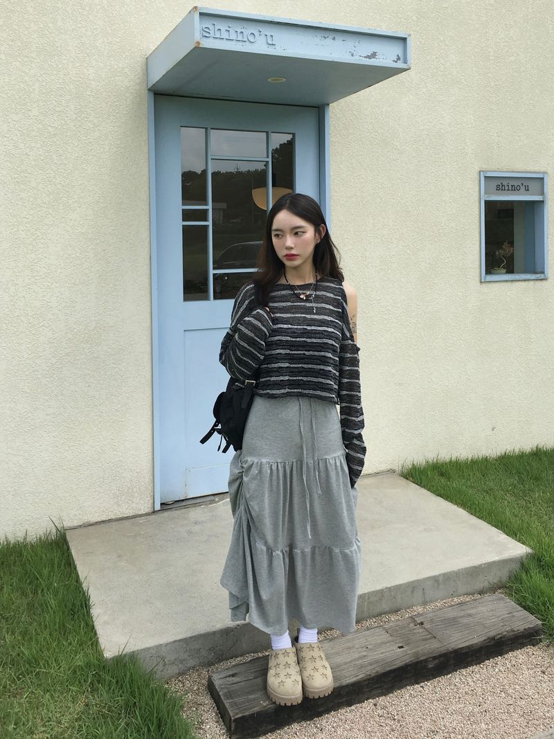 Shuming Unbal Shirring Banding Long Skirt (2c)  