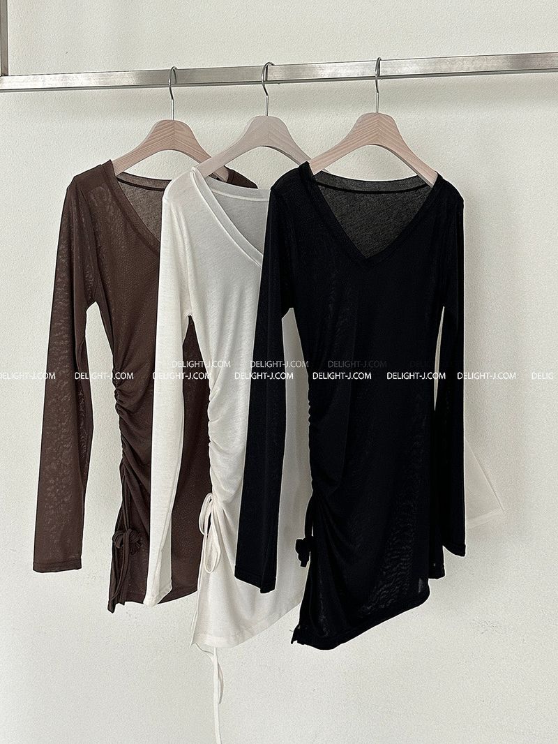 See-through Shirring V-neck Long T-shirt