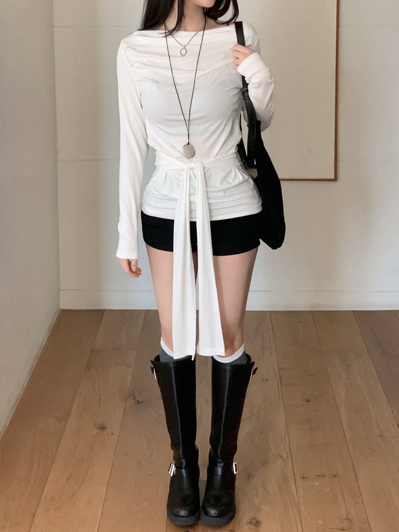 Loving Front Wrap Tie Boat Neck Long Sleeve Tee 