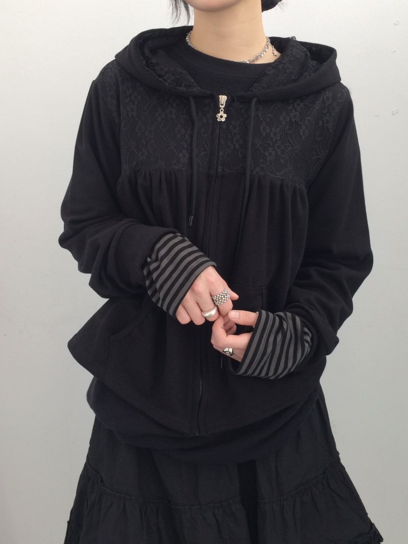 Flower Lace Half-Shirring Hooded Zip-Up
