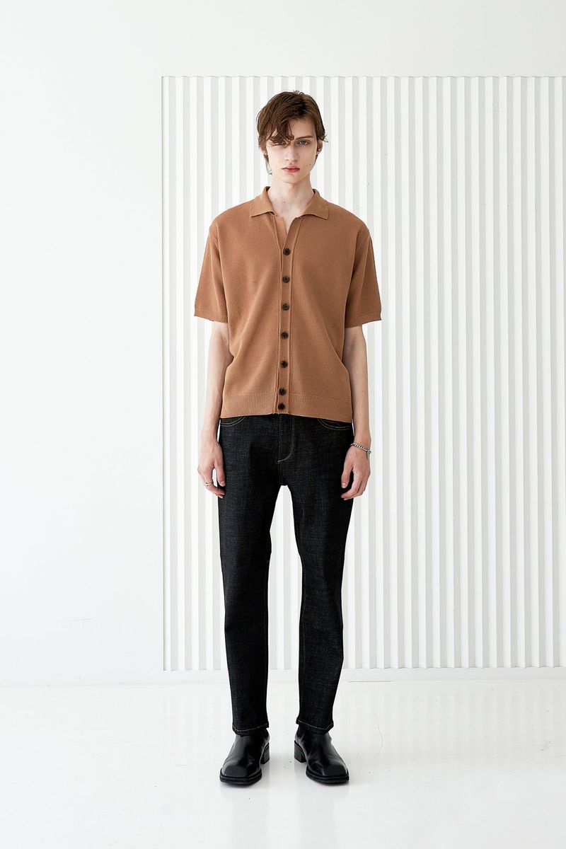 BUTTON UP HALF SLEEVE PIQUE CARDIGAN BROWN
