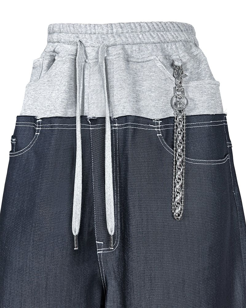 DENIM X SWEAT LAYERED ROLL UP SHORTS