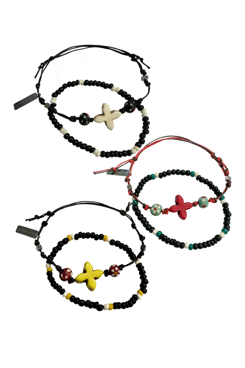 Budded cross wood leather layered bracelet