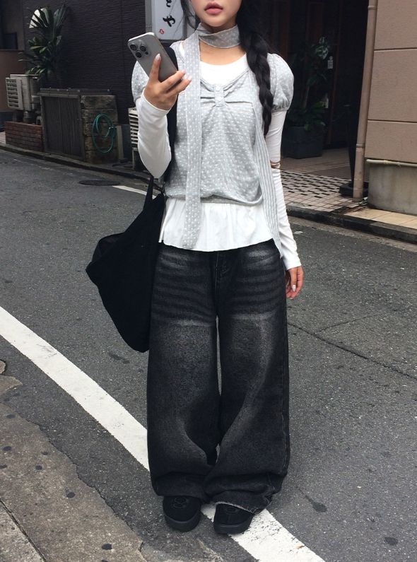 リンオー ポケット デニム ワイドロングパンツ