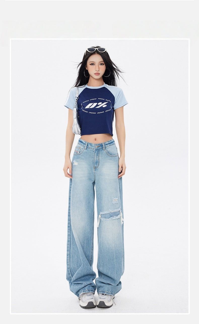 Vintage Frayed Distressed Wide Denim Pants