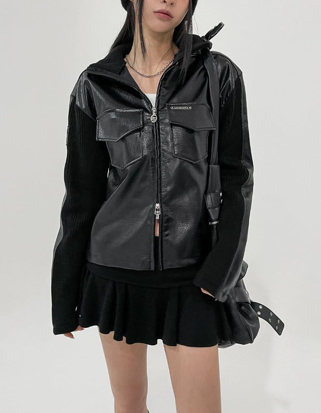 [LANARCH] Amber Leather Pocket Neck Zip-Up